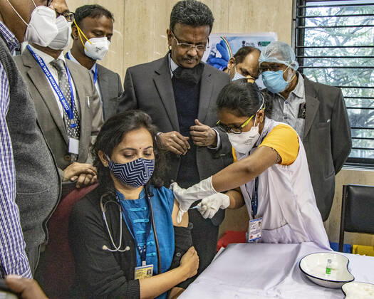 Covid-19 vaccination starts in Kolkata India starts the first phase of vaccination from today, 16th January 2021. Covishield made by Serum Institute of India in partnership with British company AstraZeneca and Covaxin which is developed by Bharat Biotech in collaboration with the Indian Council of Medical Research (ICMR) is two vaccines which will be applied from today. On the 1st stage, nearly 3 lakh healthcare workers will get the vaccine. This vaccination brings a ray of hope among the people of India. Kolkata West Bengal India Copyright: AmlanxBiswas