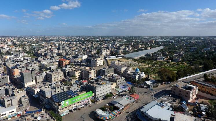January 16, 2021, Deir Al-Balah, Gaza Strip, Palestinian Territory: This picture taken on January 16, 2021, shows an aerial view of the Deir al-Balah refugee camp in the central Gaza Strip, during a complete closure amid the spread of the Coronavirus COVID-19. In the Sixth week after the Ministry of Interior in Gaza City announced the comprehensive closure on Friday and Saturday of every week after the increase in cases infected with Coronavirus Deir Al-Balah Palestinian Territory - ZUMAap3_ 20210116_zaf_ap3_068 Copyright: xAshrafxAmrax