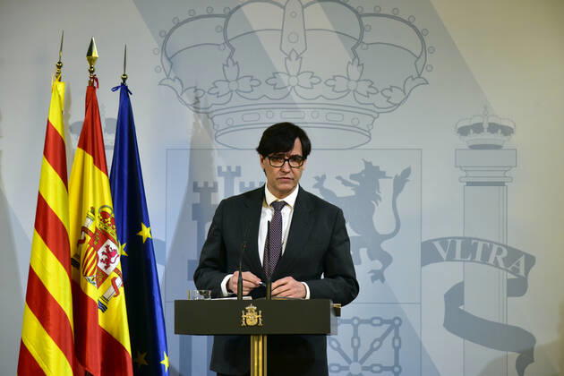 The Minister of Health, Salvador Illa, intervenes during a media appearance called to follow up on the pandemic by Covid-19, in Barcelona, Catalonia, (Spain), on January 16, 2021. At the conference, Illa confirmed that no home confinement is contemplated, although he did indicate that he was willing to review the curfew schedule for the state of alarm, as some autonomous regions are demanding. 16 JANUARY 2021;CURFEW;BARCELONA;ILLA;COVID;CORONAVIRUS David Oller LagenciaEP 01 16 2021 Barcelona, (Catalonia) Barcelona, (Catalonia) Spain Copyright: xDavidxOllerx 3519754