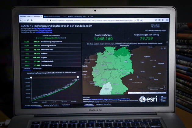 Coronavirus in Deutschland - COVID-19 Impfungen -Dashboard 16.01.2021: Esri Deutschland GmbH auf Basis des Digitalen Impfquotenmonitoring zur COVID-19-Impfung des RKI - Anzahl Impfungen 1.048.160 Datenstand vom 16.01.2021.