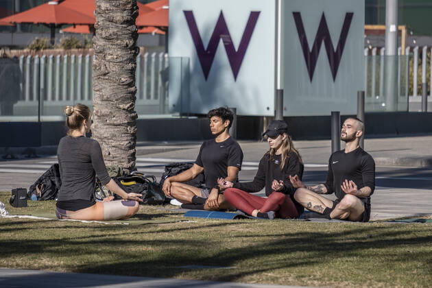 January 17, 2021, Barcelona, Catalonia, Spain: A group of people wearing sportswear are seen practicing yoga in the garden area of the Plaza de la Rosa de los Vientos..With public sports centers and gyms closed due to the increase in Covid-19 infections, many individual and social sports activity is taking place in public space such as open areas near the beaches. Barcelona Spain - ZUMAs197 20210117_zaa_s197_066 Copyright: xPacoxFreirex