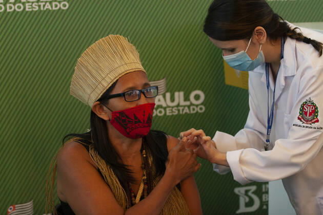 COVID-19 Vaccination in Brazil. COVID-19 Vaccination in Brazil. January 17, 2021, Sao Paulo, Brazil: First indigenous vaccinated in Brazil is Vanuzia Santos, a nursing technician. She is a 50 years old resident of the multi-ethnic village Filhos Dessa Terra, in Guarulhos and also graduated in Social Assistance. COVID-19 Vaccination in Brazil.  Copyright: xLecoxVianax