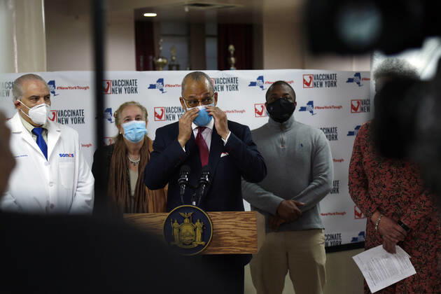 NEW YORK, NY-JANUARY 17, 2021: Ruth Hassell-Thompson, Special Advisor for Policy and Community Affairs, NYS Homes and Community Renewal, Reverend Dr. Calvin Butts Open State Vaccination Site in HarlemNew York State opens COVID-19 Vaccine site along with the Manhattan Borough President Gale Brewer, Dr. Ramon Tallaj Sr., and New State Senator Brian A. Benjamin at the Abyssinian Baptist Church in the Harlem section of New York City on January 17, 2021. Photo Copyright: xmpi43 MediaPunchx