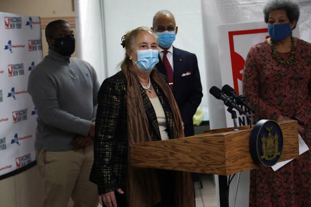 NEW YORK, NY-JANUARY 17, 2021: Ruth Hassell-Thompson, Special Advisor for Policy and Community Affairs, NYS Homes and Community Renewal, Reverend Dr. Calvin Butts Open State Vaccination Site in HarlemNew York State opens COVID-19 Vaccine site along with the Manhattan Borough President Gale Brewer, Dr. Ramon Tallaj Sr., and New State Senator Brian A. Benjamin at the Abyssinian Baptist Church in the Harlem section of New York City on January 17, 2021. Photo Copyright: xmpi43 MediaPunchx