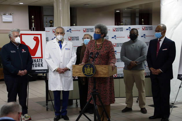 NEW YORK, NY-JANUARY 17, 2021: Ruth Hassell-Thompson, Special Advisor for Policy and Community Affairs, NYS Homes and Community Renewal, Reverend Dr. Calvin Butts Open State Vaccination Site in HarlemNew York State opens COVID-19 Vaccine site along with the Manhattan Borough President Gale Brewer, Dr. Ramon Tallaj Sr., and New State Senator Brian A. Benjamin at the Abyssinian Baptist Church in the Harlem section of New York City on January 17, 2021. Photo Copyright: xmpi43 MediaPunchx