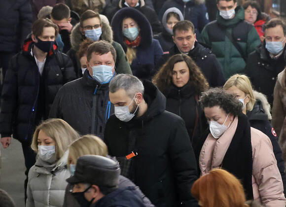MOSCOW, RUSSIA - JANUARY 18, 2021: Passengers wear face masks at the Moscow Metro amid the ongoing COVID-19 pandemic. Vyacheslav Prokofyev TASS  TS0F47A6