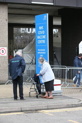 . 18 01 2021. London, United Kingdom. Wembley Vaccine Centre. Covid-19 vaccination centre opens in Wembley  xMartynxWheatleyx xi-Imagesx IIM-21986-0013