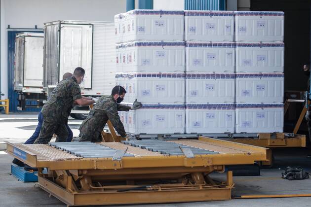 The departure of COVID-19 vaccine batches to all Brazilian states The departure of COVID-19 vaccine batches to all Brazilian states. January 18, 2021, Guarulhos airforce base, Sao Paulo, Brazil: After the symbolic act of receiving the vaccines - Immunized Brazil, the Minister of Health, Eduardo Pazuello, accompanies the departure of the vaccine batches to all over Brazil from Sao Paulo Air Force Base in Guarulhos. The departure of COVID-19 vaccine batches to all Brazilian states  Copyright: xFepesilx