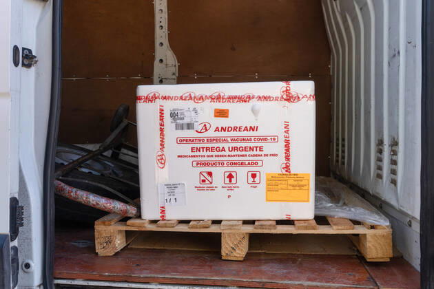 January 19, 2021, Firmat, Santa Fe, Argentina: A styrofoam box used to transport the Sputnik V COVID-19 vaccine. It is certified to preserve the cold chain for 60 hours..The second parcel of the Sputnik V COVID-19 vaccine is being delivered throughout the country to finish the first phase of the vaccination campaign, which involved the immunization of 300,000 healthcare and essential workers. Firmat Argentina - ZUMAs197 20210119_zaa_s197_031 Copyright: xPatricioxMurphyx