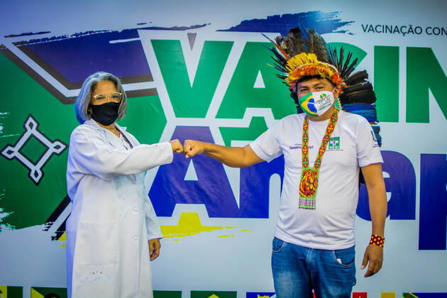 MACAPÁ, AP - 19.01.2021: BEGINNING OF VACCINATION IN AMAPÁ - At 11 am, on the dot, this Tuesday (19) the first vaccine against Covid-19 in Amapá was applied. Nurse Kátia Regina Marinho de Araújo, 58 years old, working in health for 3 decades, received the dose in a ceremony at the Palácio do Setentrião, seat of the state government. Then, the indigenous Demétrio Amisio, 46, also a nurse, was vaccinated. x2020436x MaksuelxMartins