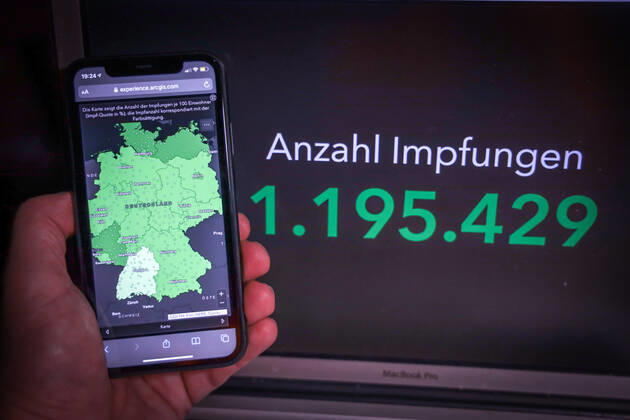 Coronavirus in Deutschland - COVID-19 Impfungen -Dashboard 19.01.2021: Esri Deutschland GmbH auf Basis des Digitalen Impfquotenmonitoring zur COVID-19-Impfung des RKI - Anzahl Impfungen 1.195.429 Datenstand vom 19.01.2021.