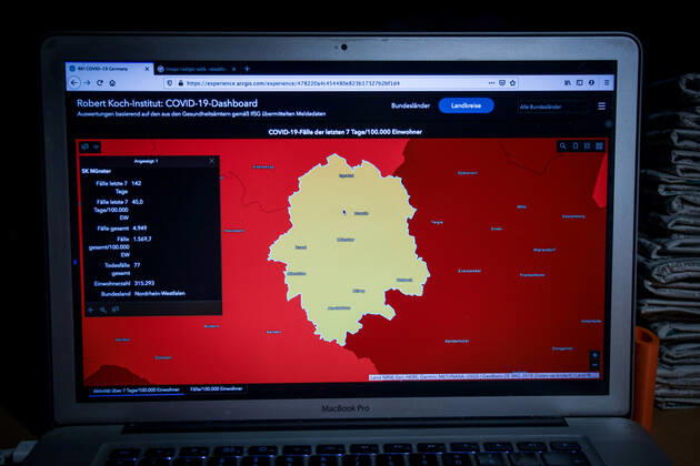 Coronavirus in Deutschland - Covid-19-Dashboard des Robert Koch-Institut DEU, Deutschland, Nordrhein-Westfalen, Münster 20.01.2021: Die 7-Tage-Inzidenz (Fälle letzte 7 Tage 100.000 EW) beträgt 45,0