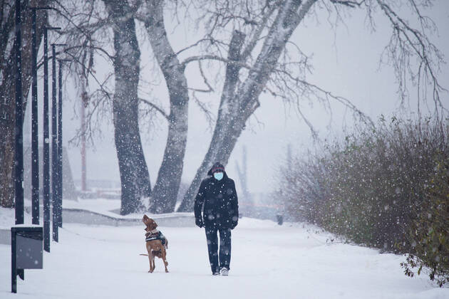 (210120) -- WARSAW, Jan. 20, 2021 -- A man walks his dog along the Vistula river in Warsaw, Poland, on Jan. 19, 2021. (Photo by Xinhua) POLAND-WARSAW-DAILY LIFE JaapxArriens 
