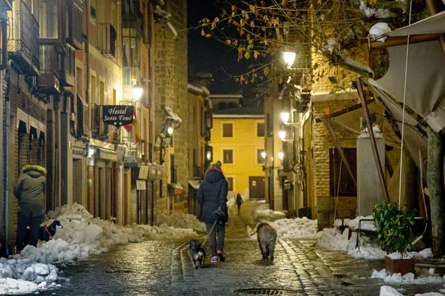 A woman walks with her two dogs in a street in Toledo, Castilla-La Mancha (Spain), on January 19, 2021. At midnight today, the new measures of the regional government to combat the coronavirus came into force in Castilla-La Mancha. The most relevant restrictions include the advance of the curfew to 22.00, the closure of all municipalities and the closure of hotels, shopping centres and leisure places in general. 19 JANUARY 2021 Mario Trivino LagenciaEP 01 19 2021 Toledo (Castilla-La Mancha ) Toledo (Castilla-La Mancha ) Spain Copyright: xMarioxTrivinox 3524598