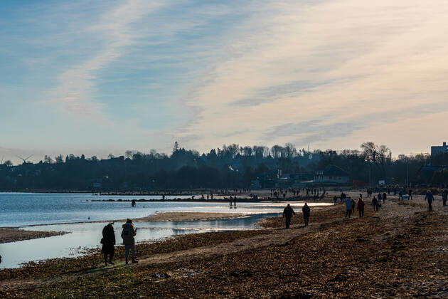 Impressionen aus Schleswig-Holstein - Eckernförde, selbst im Winter lohnt sich ein Strandspaziergang am langen Stadtstrand der Touristenmetropole, man genießt die tiefstehende Wintersonne