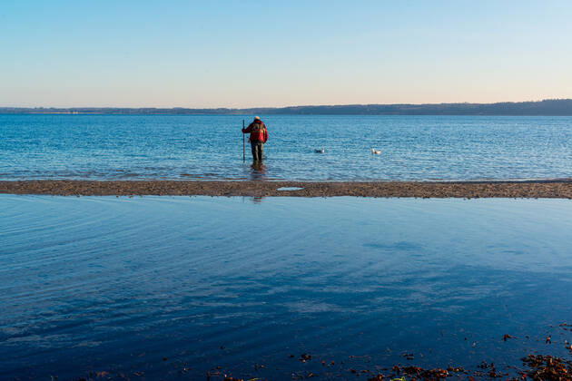 Impressionen aus Schleswig-Holstein - Eckernförde, selbst im Winter lohnt sich ein Strandspaziergang am langen Stadtstrand der Touristenmetropole, man genießt die tiefstehende Wintersonne