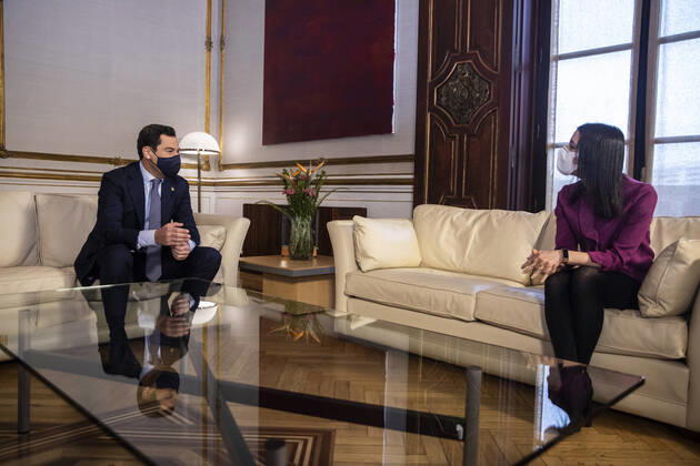 The President of the Junta de Andalucia, Juanma Moreno (i) during the meeting with the President of Ciudadanos (Cs), Ines Arrimadas (d), at the Palacio de San Telmo, Seville (Andalucia, Spain), on January 20, 2021. 20 JANUARY 2021 Maria Josà Lopez LagenciaEP 01 20 2021 Seville (Andalusia) Seville (Andalusia) Spain Copyright: xMariaxJosà xLopezx 3524794