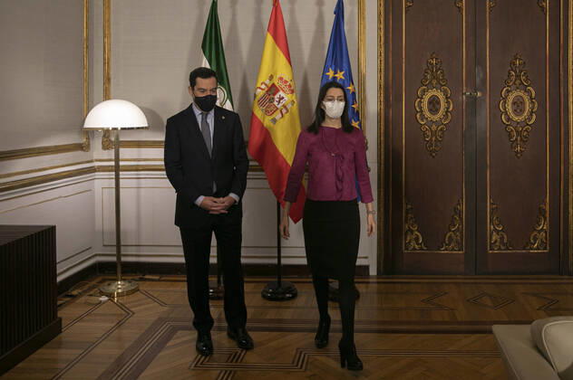The President of the Junta de Andalucia, Juanma Moreno (i) during the meeting with the President of Ciudadanos (Cs), Ines Arrimadas (d), at the Palacio de San Telmo, Seville (Andalucia, Spain), on January 20, 2021. 20 JANUARY 2021 Maria Josà Lopez LagenciaEP 01 20 2021 Seville (Andalusia) Seville (Andalusia) Spain Copyright: xMariaxJosà xLopezx 3524796