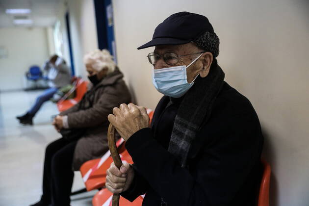 January 20, 2021, Athens, Greece: An elderly woman over 85 years old prepares to receive a shot of the first dose of the Pfizer-BioNTech vaccine against the coronavirus disease (COVID-19), in a vaccine center in Athens. Athens Greece - ZUMAe114 20210120_zaa_e114_007 Copyright: xEurokinissix