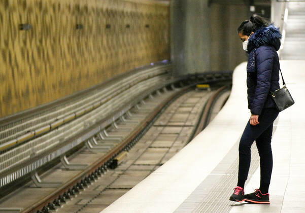 U-Bahn , Passenger , Maskenpflicht , Safety Mask FFP2 , Transport , VAG Klinikum Nord Nurnberg during the Hard Lockdown of the Covid 19 Coronavirus Pandemie in Nurnberg Nuremberg , Bayern , Deutschland . January 20 , 2021.