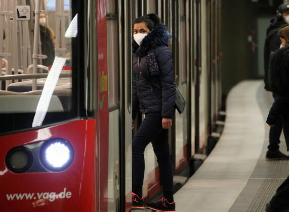 U-Bahn , Passenger , Maskenpflicht , Safety Mask FFP2 , Transport , VAG Klinikum Nord Nurnberg during the Hard Lockdown of the Covid 19 Coronavirus Pandemie in Nurnberg Nuremberg , Bayern , Deutschland . January 20 , 2021.