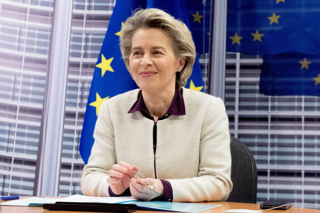 (210122) -- BRUSSELS, Jan. 22, 2021 -- European Commission President Ursula von der Leyen attends a video conference on COVID-19 in Brussels, Belgium, Jan. 21, 2021. Members of the European Council on Thursday night held a video conference, during which EU leaders discussed coordination on the response to the COVID-19 pandemic. ( Handout via Xinhua) EUROPE-EU-VIDEO CONFERENCE-COVID-19 EuropeanxUnion 