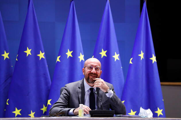 (210122) -- BRUSSELS, Jan. 22, 2021 -- European Council President Charles Michel chairs a video conference on COVID-19 in Brussels, Belgium, Jan. 21, 2021. Members of the European Council on Thursday night held a video conference, during which EU leaders discussed coordination on the response to the COVID-19 pandemic. ( Handout via Xinhua) EUROPE-EU-VIDEO CONFERENCE-COVID-19 EuropeanxUnion 
