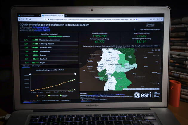 Coronavirus in Deutschland - COVID-19 Impfungen -Dashboard 22.01.2021: Esri Deutschland GmbH auf Basis des Digitalen Impfquotenmonitoring zur COVID-19-Impfung des RKI - Anzahl Erstimpfungen: 1.324.091 Veränderungen zum Vortag: 64.777 Datenstand vom 21.01.2021.