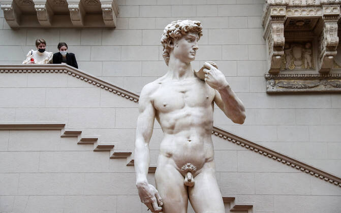 MOSCOW, RUSSIA - JANUARY 22, 2021: Visitors are seen near a plaster cast of Michelangelo s David at the Pushkin State Museum of Fine Arts. Starting from 22 January 2021, Moscow-based state museums of the federal level are reopening for in-person visits with 50% pre-COVID-19 capacity after being closed for two months, as Moscowâ€™s authorities ease coronavirus restrictions. Sergei Savostyanov TASS  TS0F4D3F