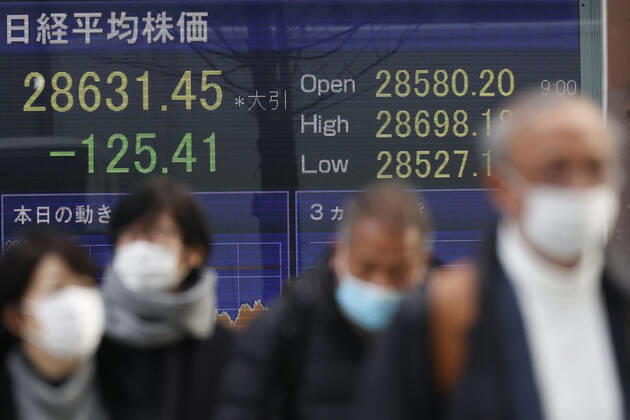January 22, 2021, Tokyo, Japan: People wearing face masks to prevent the spread of the coronavirus walk past an electronic stock board showing Japan s Nikkei Stock Average, which ended down -125.41 points or -0.44 percent to close at 28,631.45 in downtown Tokyo. Tokyo Japan - ZUMAm191 20210122_zap_m191_005 Copyright: xRodrigoxReyesxMarinx