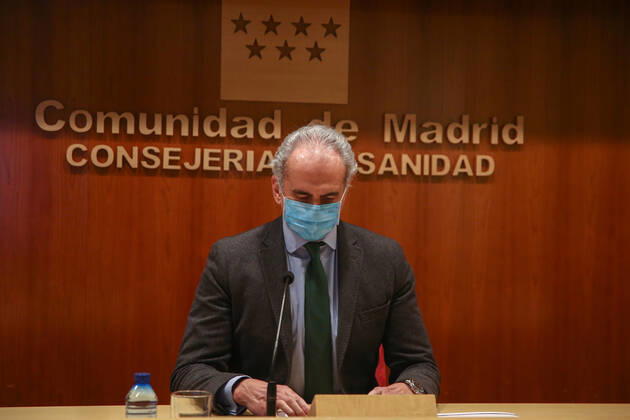 The Minister of Health, Enrique Ruiz Escudero, intervenes in a conference called to the media to update information on the epidemiological and health care situation in the region due to coronavirus, in Madrid, (Spain), on January 22, 2021. Ruiz Escudero has reported new measures with an extension of the curfew at 22.00, the closure of the hotel and catering business at 21.00 and a total of 56 Basic Health Areas in the region with entry and exit prohibited except for justified reasons. The conference comes 24 hours after a new record of infections in the Community of Madrid with a balance of up to 6,344 new infections of Covid-19 and 53 deaths. 22 JANUARY 2021;COVID;MADRID;PRESS CONFERENCE;PANDEMIC;CONTAGION LagenciaEP PRESS R.Rubio.POOL 0 Copyright: xLagenciaEPxPRESS R.Rubio.POOLx 3530682