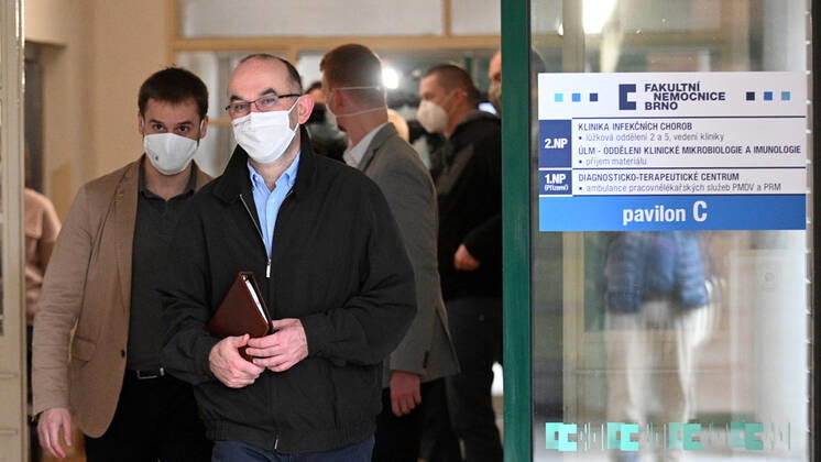 Czech Minister for Health Jan Blatny, center, leaves the University Hospital Brno, Czech Republic, after the second vaccination against COVID-19, on January 23, 2021. (CTKxPhoto IgorxZehl) CTKPhotoP202101230263401  zeh