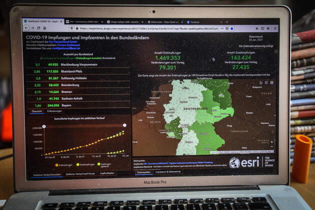 Coronavirus in Deutschland - COVID-19 Impfungen -Dashboard 23.01.2021: Esri Deutschland GmbH auf Basis des Digitalen Impfquotenmonitoring zur COVID-19-Impfung des RKI - Anzahl Erstimpfungen: 1.469.353 Veränderungen zum Vortag: 79.301 Anzahl Zweitimpfungen: 163.424 Veränderungen zum Vortag: 27.435 Datenstand vom 23.01.2021.