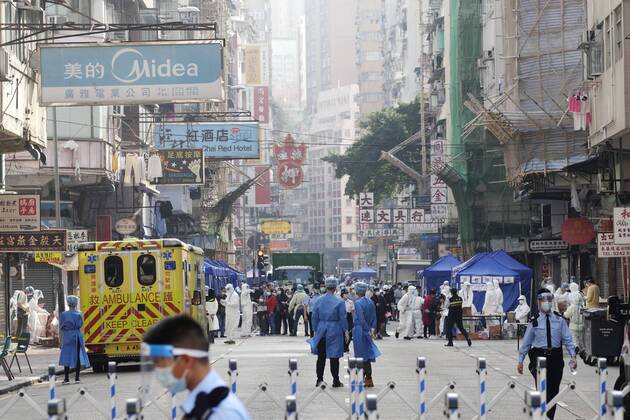(210123) -- HONG KONG, Jan. 23, 2021 -- Photo taken on Jan. 23, 2021 shows a local specified restricted area for compulsory COVID-19 testing in Jordan, Kowloon, Hong Kong, south China. The government of the Hong Kong Special Administrative Region (HKSAR) has made restriction-testing declaration and issued compulsory testing notice in respect of a local specified restricted area in a bid to cut COVID-19 spread. Residents in the area, bounded by Woosung Street to its east, Nanking Street to its south, Battery Street to its west and Kansu Street to its north, are required to stay at home until all their test results are mostly ascertained, the HKSAR government said in a statement issued early Saturday morning. The testing is exp