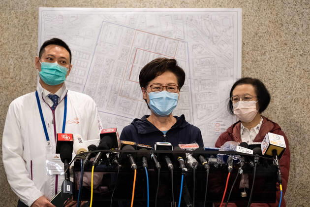 January 23, 2021, Hong Kong, China: Carrie Lam, Hong Kong s Chief Executive wearing a face mask speaks to the media after inspecting an area in Jordan locked down by the government to contain the coronavirus (Covid-19) outbreak..Hong Kong has imposed its first Covid-19 lockdown in a densely-populated area to curb the spread of the coronavirus. Hong Kong China - ZUMAs197 20210123_zaa_s197_062 Copyright: xIsaacxWongx