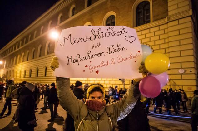 January 24, 2021, Munich, Bavaria, Germany: On the heels of a court win with the Verwaltungsgerichtshof, Markus Haintz of the Querdenken group organized an anti-mask, anti-anti-Corona measure demonstration in front of the Verwaltungsgerichtshof in Munich, Germany. Approximately 250 were in attendance and displayed a jump in radicalization and propensity for violence against media representatives not seen prior to the end of the Trump era. At one point, media representatives were swarmed, physically attacked and prevented from working as they were removed from the designated press area- with the help of their own conspiracy media representatives. The demonstration also had members of Pegida, such as Munichâ€⠢s co-founder Birgit Weiss - ZUMAb160 20210124_zbp_b160_035 Copyright: xSachellexBabbarx