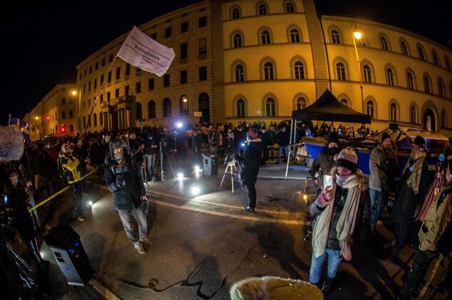 January 24, 2021, Munich, Bavaria, Germany: On the heels of a court win with the Verwaltungsgerichtshof, Markus Haintz of the Querdenken group organized an anti-mask, anti-anti-Corona measure demonstration in front of the Verwaltungsgerichtshof in Munich, Germany. Approximately 250 were in attendance and displayed a jump in radicalization and propensity for violence against media representatives not seen prior to the end of the Trump era. At one point, media representatives were swarmed, physically attacked and prevented from working as they were removed from the designated press area- with the help of their own conspiracy media representatives. The demonstration also had members of Pegida, such as Munichâ€⠢s co-founder Birgit Weiss - ZUMAb160 20210124_zbp_b160_043 Copyright: xSachellexBabbarx