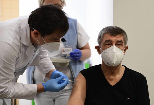 Czech Prime Minister Andrej Babis receives the second vaccine against COVID-19 at the Central Military Hospital in Prague, Czech Republic, on January 24, 2021. (CTKxPhoto RomanxVondrous) CTKPhotoP202101240113401  _VND9756