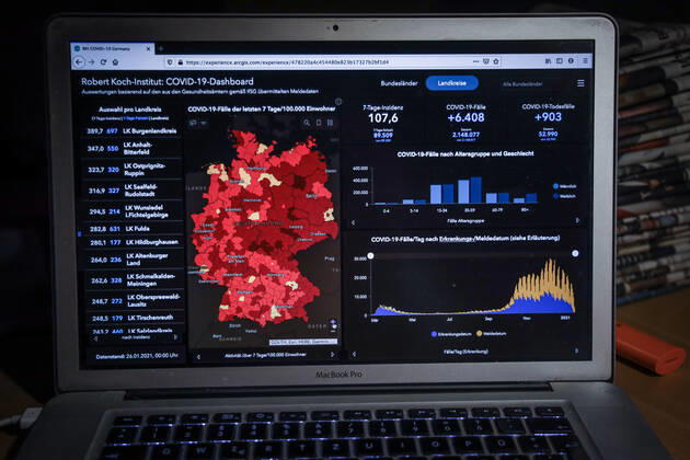Coronavirus in Deutschland - Covid-19-Dashboard des Robert Koch-Institut 26.01.2021: Robert Koch-Institut: COVID-19-Fälle 2.148.077. Zugang um 6.408 gegenüber dem Vortag. COVID-19-Todesfälle 52.990. Zugang um 903 gegenüber dem Vortag.