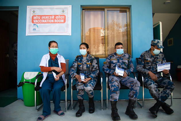 Coronavirus in Nepal, Impfungen in Kathmandu February 4, 2021, Kathmandu, 3, Nepal: Nepal s Armed Police Force doctors wearing masks wait in a queue to receive Oxford-AstraZeneca vaccine against Covid19 (coronavirus) at the Armed Police Force Hospital..Nepal government is launching the Oxford-AstraZeneca vaccination campaign against coronavirus (Covid19) starting today..Nepalese Health and sanitation workers deployed in the frontlines will be the first to receive the vaccines in the first phase of the campaign. Over 400,000 such frontline workers will be included in the initial stage. Kathmandu Nepal - ZUMAs197 20210204_zaa_s197_007 Copyright: xPrabinxRanabhatx