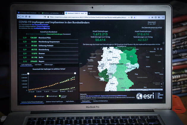 Coronavirus in Deutschland - COVID-19 Impfungen -Dashboard 27.01.2021: Esri Deutschland GmbH auf Basis des Digitalen Impfquotenmonitoring zur COVID-19-Impfung des RKI - Anzahl Erstimpfungen: 1.672.215 Veränderungen zum Vortag: 50.614 Anzahl Zweitimpfungen: 318.674 Veränderungen zum Vortag: 42.527 Datenstand vom 27.01.2021.
