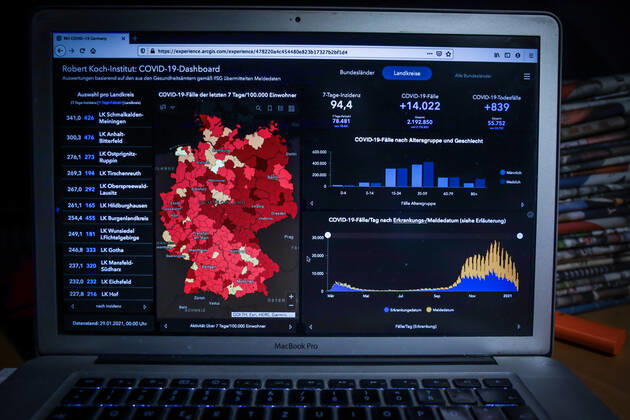 Coronavirus in Deutschland - Covid-19-Dashboard des Robert Koch-Institut 29.01.2021: Robert Koch-Institut: COVID-19-Fälle 2.192.850. Zugang um 14.022 gegenüber dem Vortag. COVID-19-Todesfälle 55.752. Zugang um 839 gegenüber dem Vortag. 7-Tage-Inzidenz 94,4. 7-Tage-Fallzahl 74.481
