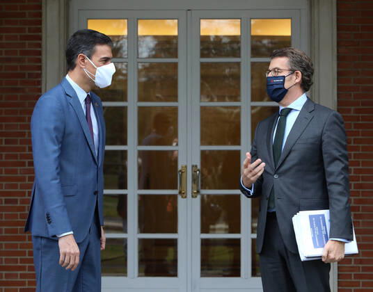 The President of the Government, Pedro Sanchez (left), receives the President of the Xunta de Galicia, Alberto Nunez Feijoo, at a meeting held at the Moncloa Palace, Madrid, Spain, on 29 January 2021. The meeting is part of the round that the President of the Government has been carrying out with the regional leaders in the territories in which elections were recently held. 29 JANUARY 2021;MONCLOA;SANCHEZ;FEIJOO;MEETING LagenciaEP PRESS M.FERNÃNDEZ. POOL 01 29 2021 Madrid Madrid Spain Copyright: xLagenciaEPxPRESS M.FERNÃNDEZ.xPOOLx 3539298