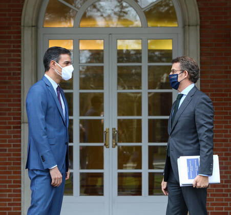 The President of the Government, Pedro Sanchez (left), talks with the President of the Xunta de Galicia, Alberto Nunez Feijoo, on his arrival at a meeting convened at the Moncloa Palace, Madrid, Spain, 29 January 2021. The meeting takes place within the round that the President of the Government has been doing with the regional leaders in the territories in which elections were recently held. 29 JANUARY 2021;MONCLOA;SANCHEZ;FEIJOO;MEETING LagenciaEP PRESS M.FERNÃNDEZ. POOL 01 29 2021 Madrid Madrid Spain Copyright: xLagenciaEPxPRESS M.FERNÃNDEZ.xPOOLx 3539315