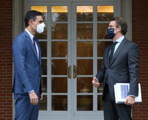 The President of the Government, Pedro Sanchez (left), talks with the President of the Xunta de Galicia, Alberto Nunez Feijoo, on his arrival at a meeting convened at the Moncloa Palace, Madrid, Spain, 29 January 2021. The meeting takes place within the round that the President of the Government has been doing with the regional leaders in the territories in which elections were recently held. 29 JANUARY 2021;MONCLOA;SANCHEZ;FEIJOO;MEETING LagenciaEP PRESS M.FERNÃNDEZ. POOL 01 29 2021 Madrid Madrid Spain Copyright: xLagenciaEPxPRESS M.FERNÃNDEZ.xPOOLx 3539316