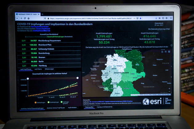 Coronavirus in Deutschland - COVID-19 Impfungen -Dashboard 29.01.2021: Esri Deutschland GmbH auf Basis des Digitalen Impfquotenmonitoring zur COVID-19-Impfung des RKI - Anzahl Erstimpfungen: 1.799.481 Veränderungen zum Vortag: 50.234 Anzahl Zweitimpfungen: 416.646 Veränderungen zum Vortag: 43.873 Datenstand vom 289.01.2021.