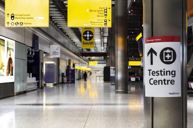 January 30, 2021, London, United Kingdom: A sign for COVID-19 testing centre is seen at the Heathrow international arrival hall on January 29,2021. Around 200 people on the same direct flight from Hong Kong arrived to Heathrow international airport. Said one of the passenger..China has announced it will no longer recognise the passports of British national overseas citizens from January 31,2021, just hours after the UK launched its scheme to give passport holders a path to residency as political freedoms decline in Hong Kong. 300,000 people are expected use the new visa route to leave Hong Kong for Britain. London United Kingdom - ZUMAj323 20210130_zip_j323_004 Copyright: xMayxJamesx