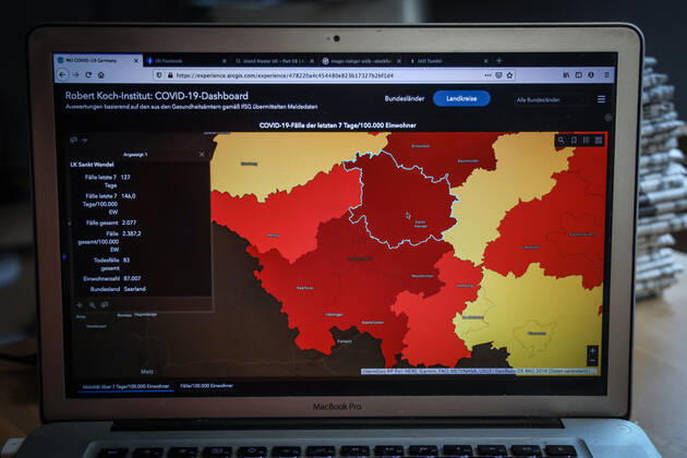 Coronavirus in Deutschland - Covid-19-Dashboard des Robert Koch-Institut DEU, Deutschland, Saarland, Landkreis Sankt Wendel 30.01.2021: Die 7-Tage-Inzidenz (Fälle letzte 7 Tage 100.000 EW) beträgt 146,0