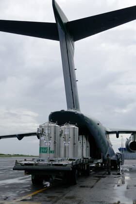 MANAUS, AM - 30.01.2021: CHEGADA DE TANQUES DE OXIGÊNIO EM MANAUS - Arrival by KC-390 plane, of the Brazilian Air Force (FAB) in Manaus (AM), with loading of liquid oxygen tanks, at Ponta Pelada Airport, this Saturday afternoon (30). In the photo, the oxygen tanks being discharged from the FAB plane. x2026452x  SandroxPereira