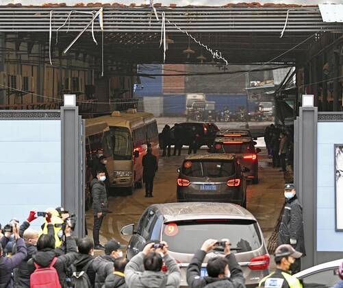 WHO probe into coronavirus origins in Wuhan A motorcade carrying members of the World Health Organization s team investigating the origins of the coronavirus pandemic enters the Huanan seafood wholesale market in Wuhan, China, on Jan. 31, 2021. 